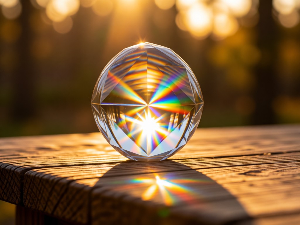 A crystal paperweight refracting sunlight into colorful beams on a raw wood table. Soft bokeh effect in background. Golden hour lighting. No people.