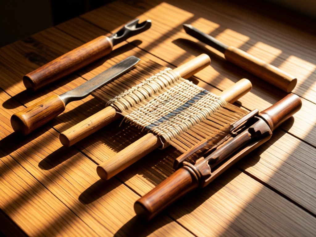 Traditional Philippine weaving tools arranged artistically on wooden surface. Sunlight creating warm shadows and texture. No people.