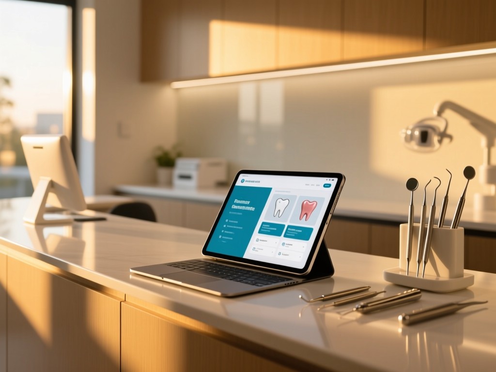 A sleek dental office reception desk during golden hour, sunlight highlighting an open tablet displaying a beautifully organized dental service portfolio, modern dental tools neatly arranged, soft natural lighting, minimalist composition.