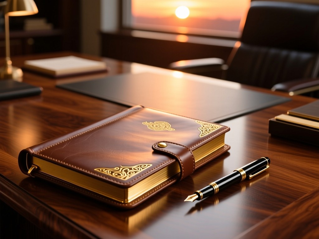 A leather-bound portfolio on a polished walnut desk during sunset, gold embossed edges catching light, fountain pen beside it, warm wood tones, sophisticated workspace ambiance.