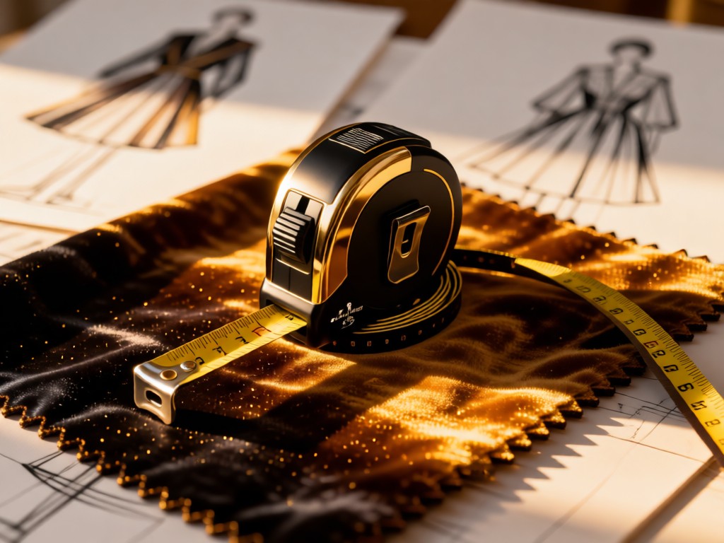 A sleek designer tape measure coiled on a velvet fabric swatch. Golden hour light accentuates textures. Background shows soft-focus fashion sketches. Luxury aesthetic. No people.