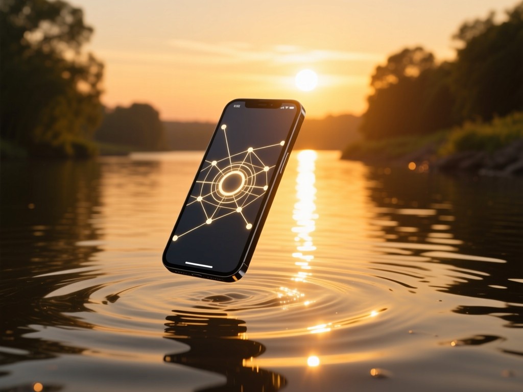 Smartphone floating above a sunlit river at dusk, light reflecting on water surface, symbolic of connectivity and discovery, warm golden tones, no people or text.