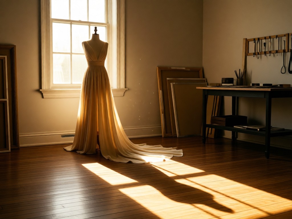 A single elegant dress form standing in a sunlit atelier window, casting a long shadow on hardwood floors. Golden hour light emphasizes fabric drape. Minimalist setting symbolizes focus. No people.