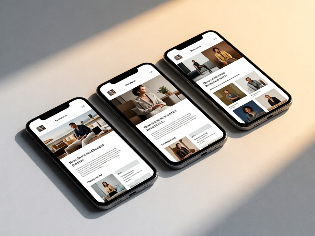 Three stylish mobile devices displaying different portfolio layouts on a light gray surface. Soft shadows and warm ambient lighting. Clean, modern, and versatile aesthetic. No people.