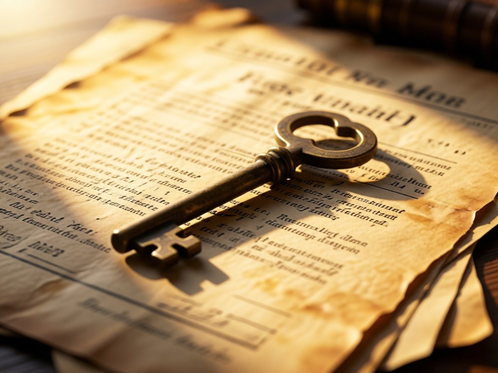 A single antique key resting on weathered business documents in golden hour light. Shallow depth of field. Symbolizes unlocking opportunities through organization. No people.