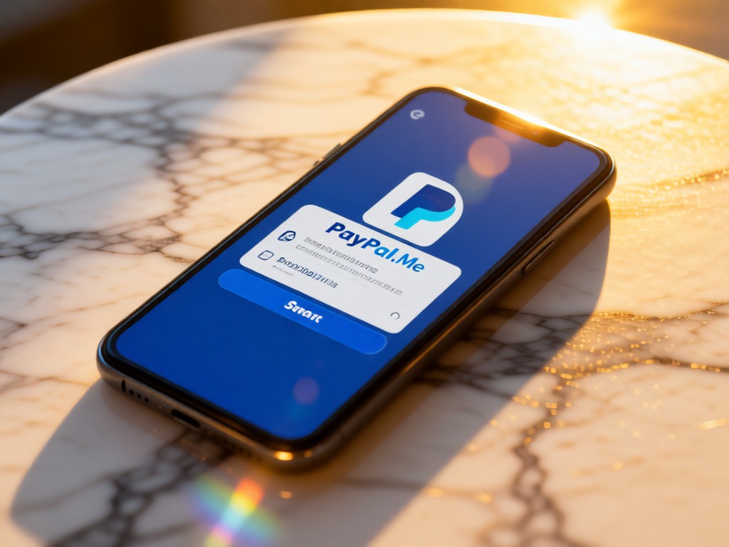 Smartphone screen showing a PayPal.Me link on a marble surface. Golden hour backlight creates lens flare. Clean composition. No people.
