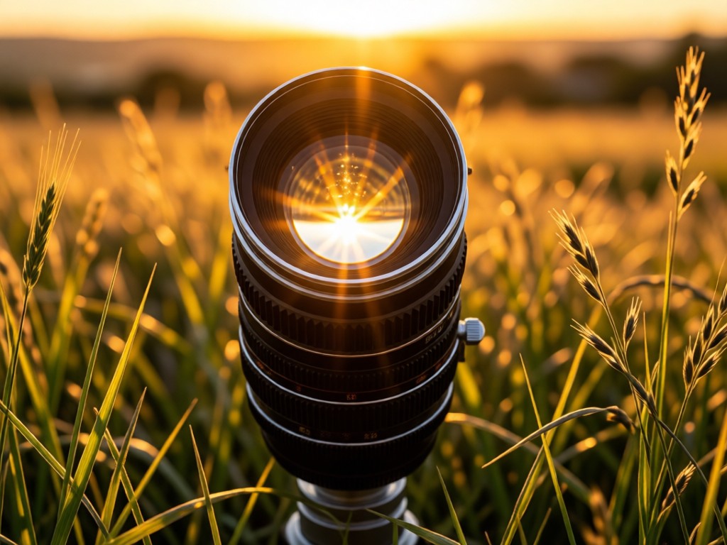 An iconic vintage camera lens standing upright in a field of wild grasses at sunset. Golden light flares across the glass. Deep focus on the lens with blurred background. No people.