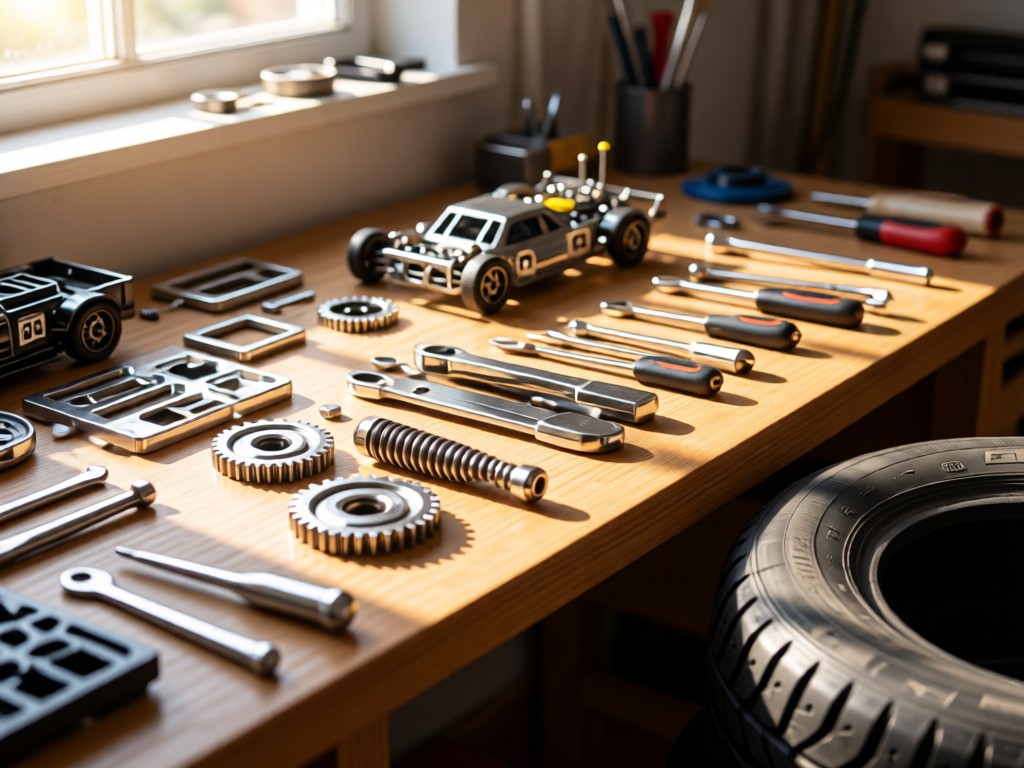 A workshop table with disassembled RC car parts under soft sunlight. Chrome gears and tools gleam beside a tire. Clean, focused composition. No people.