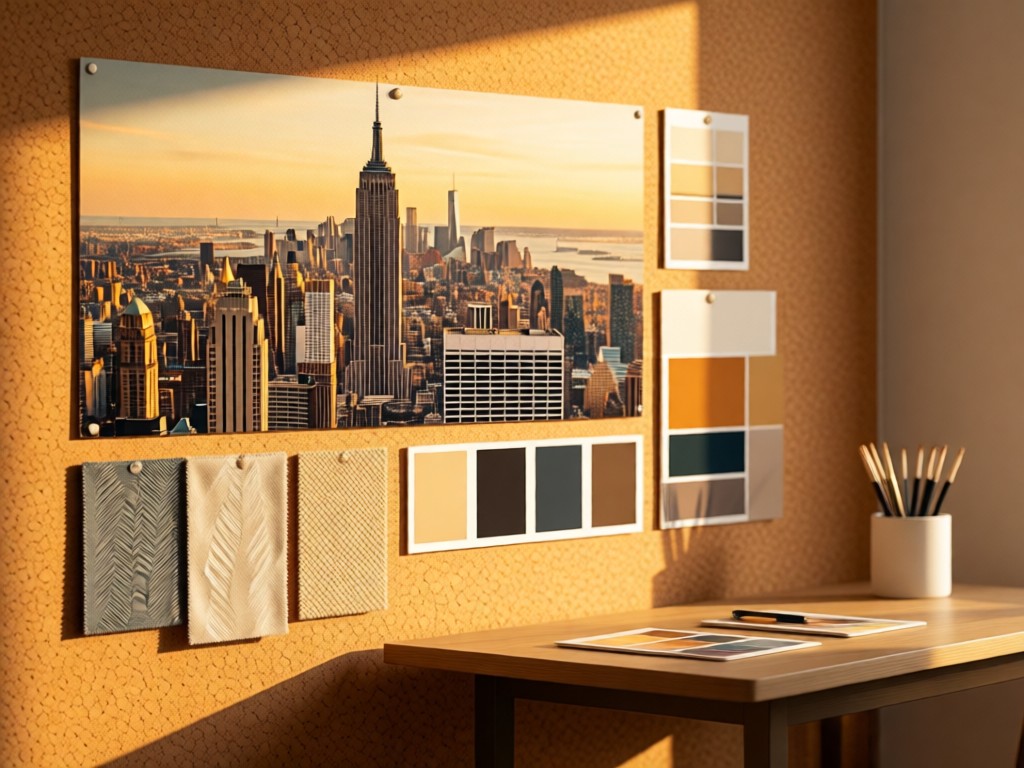 Design mood board featuring NYC landmarks on cork wall. Golden hour light illuminates fabric swatches and color palettes. Minimalist desk setup in background. No people.