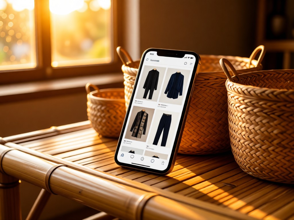 Smartphone displaying a clothing portfolio beside woven baskets on a bamboo table. Golden hour glow through window. No people.