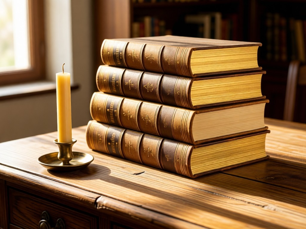 Stacked antique theology books beside a simple beeswax candle on a worn oak desk. Soft morning light highlights gilded page edges and wood grain. No people.