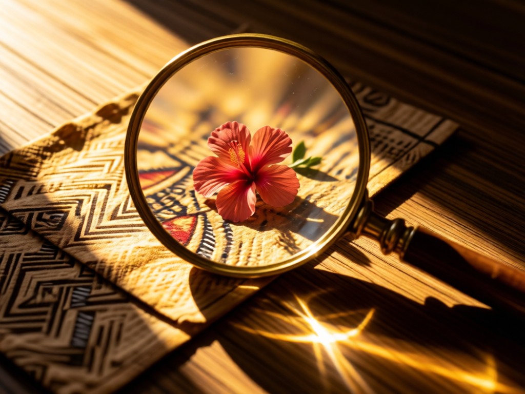 A vintage magnifying glass focused on a tiny hibiscus flower resting on tapa cloth. Golden light creates dramatic shadows on a wooden surface. No people.