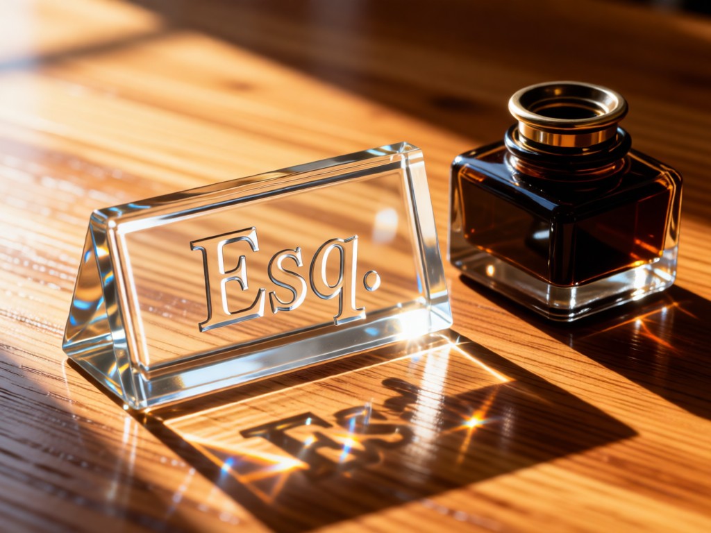 A crystal-clear nameplate engraved with 'Esq.' beside a vintage inkwell. Morning light creates reflective highlights on the glass surface. Warm wood tones dominate. No people.