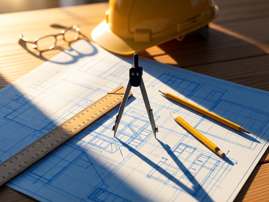 Aerial view of architect's tools arranged on blueprints. A scale ruler, compass, and pencil create geometric shadows in morning light. Hardhat in soft focus background on wooden surface. No people.