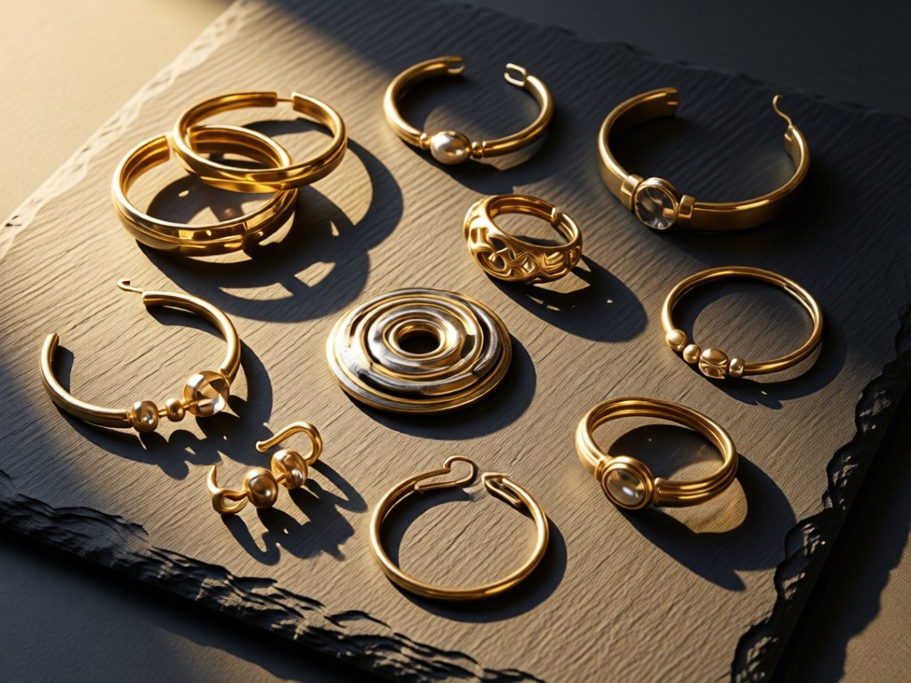 A curated flat lay of diverse body jewelry pieces on a slate surface. Soft shadows emphasize textures under warm directional lighting. No people.