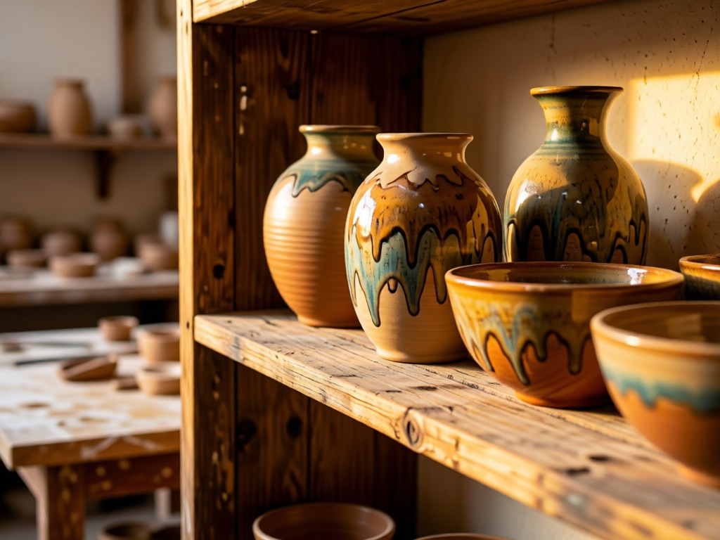 A weathered wooden shelf holding handcrafted ceramic vases and bowls in earthy tones. Soft golden light highlights unique textures and glazes. Blurred background shows clay-smeared worktable. No people.
