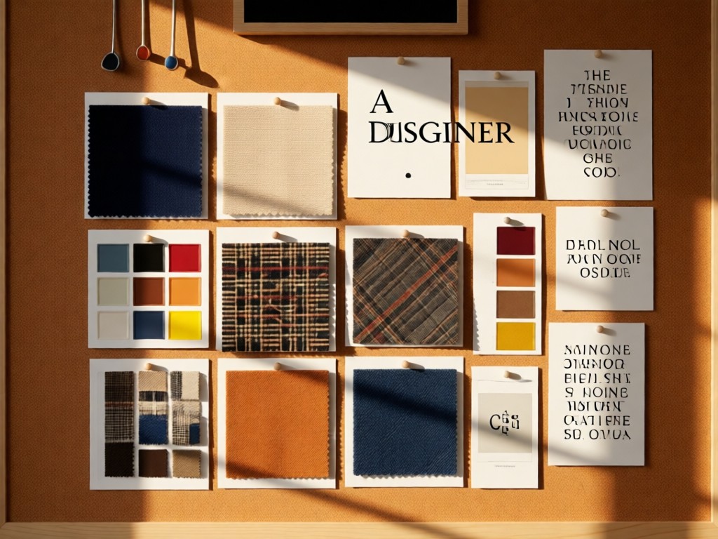 A designer mood board featuring fabric swatches, paint samples and typography cards pinned neatly to a cork wall. Afternoon light creates warm shadows. No people.