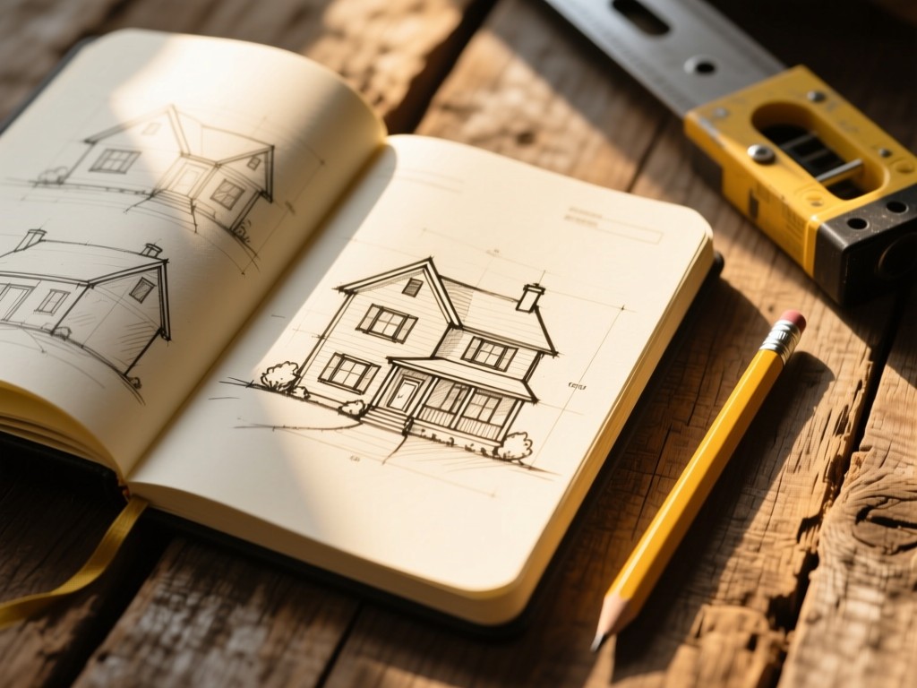 An open notebook with sketched house designs beside a carpenter's pencil. Golden light streams onto weathered wood textures. Simple composition. No people.