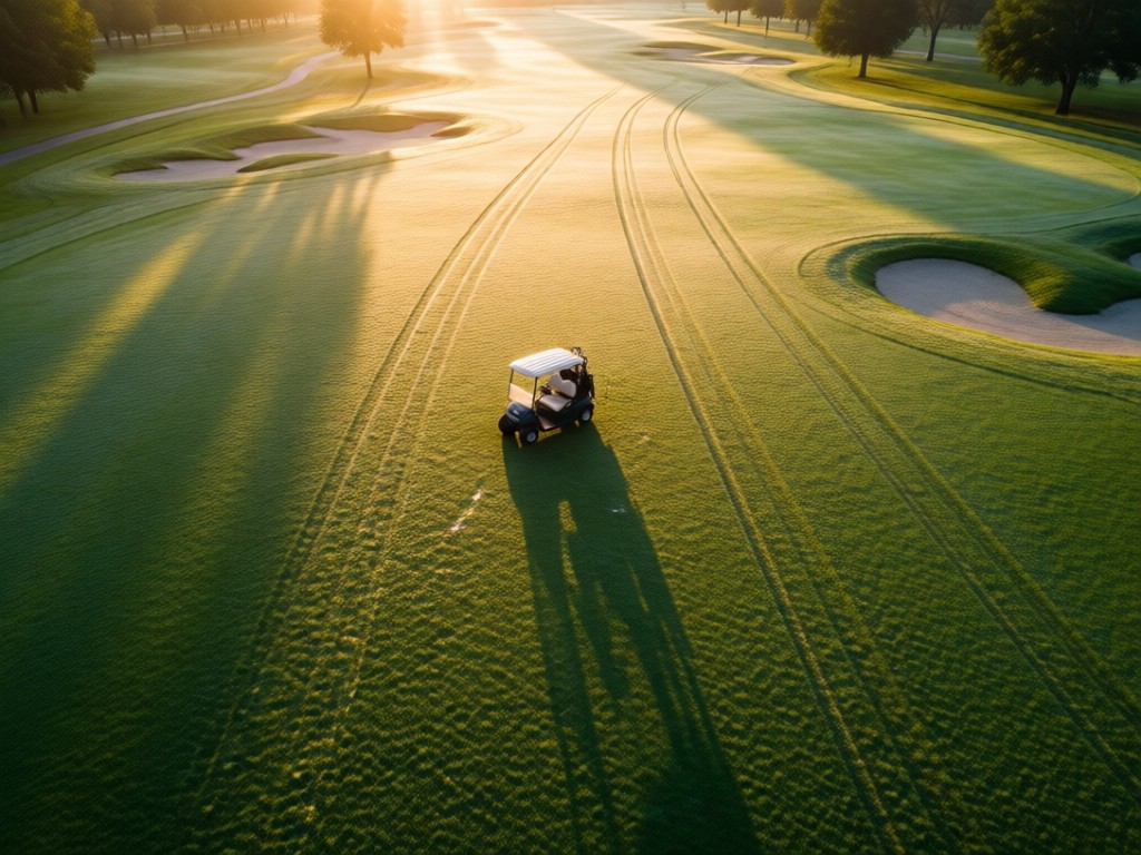 Aerial view of a single golf cart centered on an empty fairway at sunrise. Dew glistens on grass, creating natural leading lines to the cart. Symbolizes focus and visibility. No people.