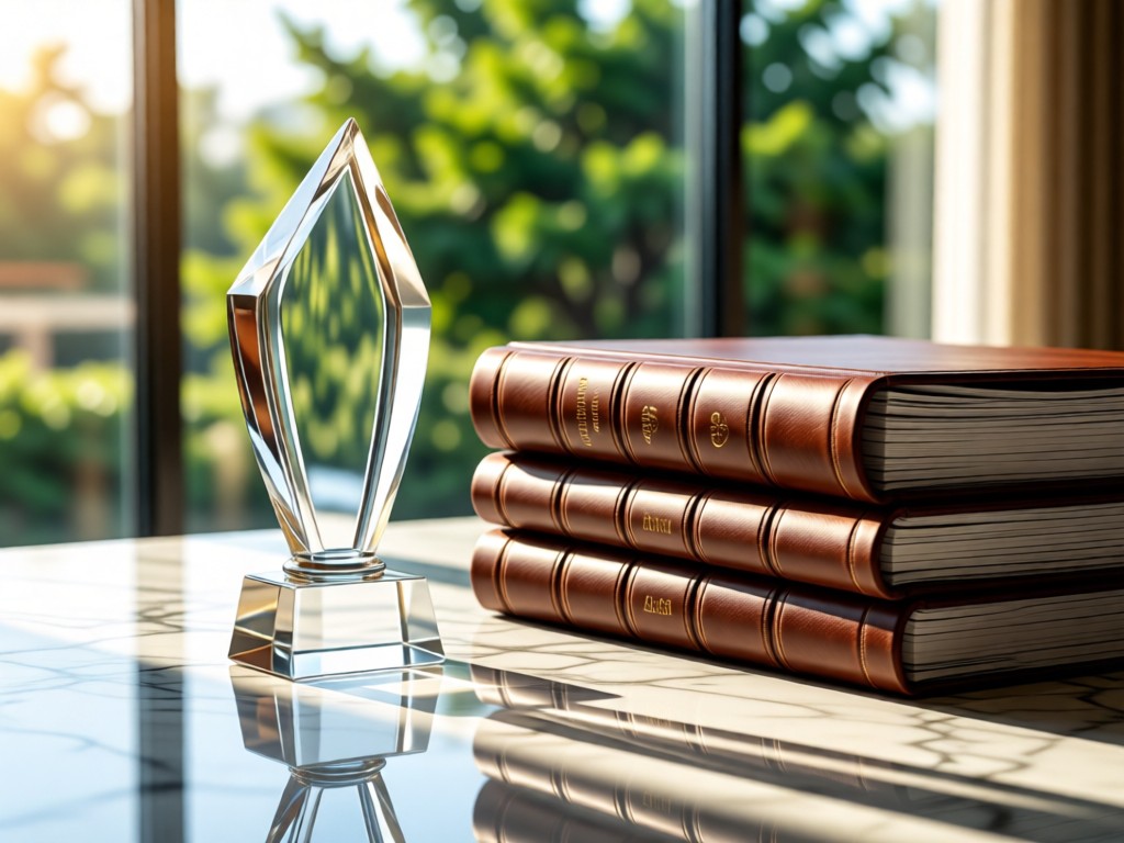 A crystal award trophy beside stacked leather-bound annual reports on a marble surface. Morning light creates clean reflections. Blurred greenery visible through tall windows. No people.
