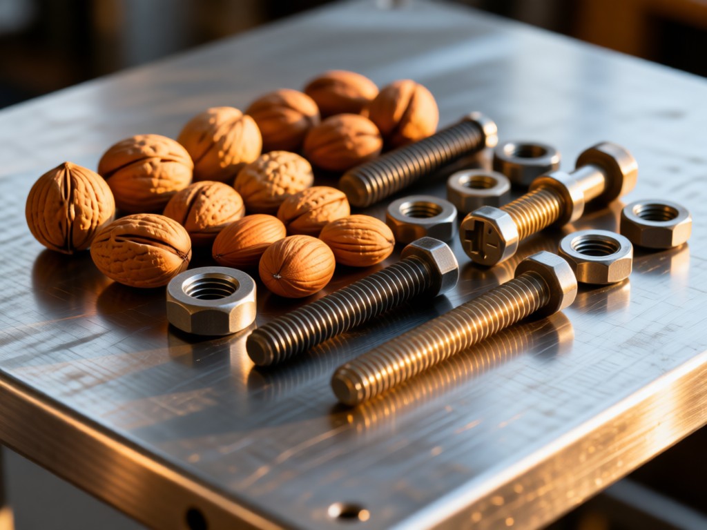 Artistic arrangement of various nuts, bolts, and fasteners on a brushed steel table. Shallow depth of field highlights textures with golden hour side lighting. Clean industrial aesthetic. No people.
