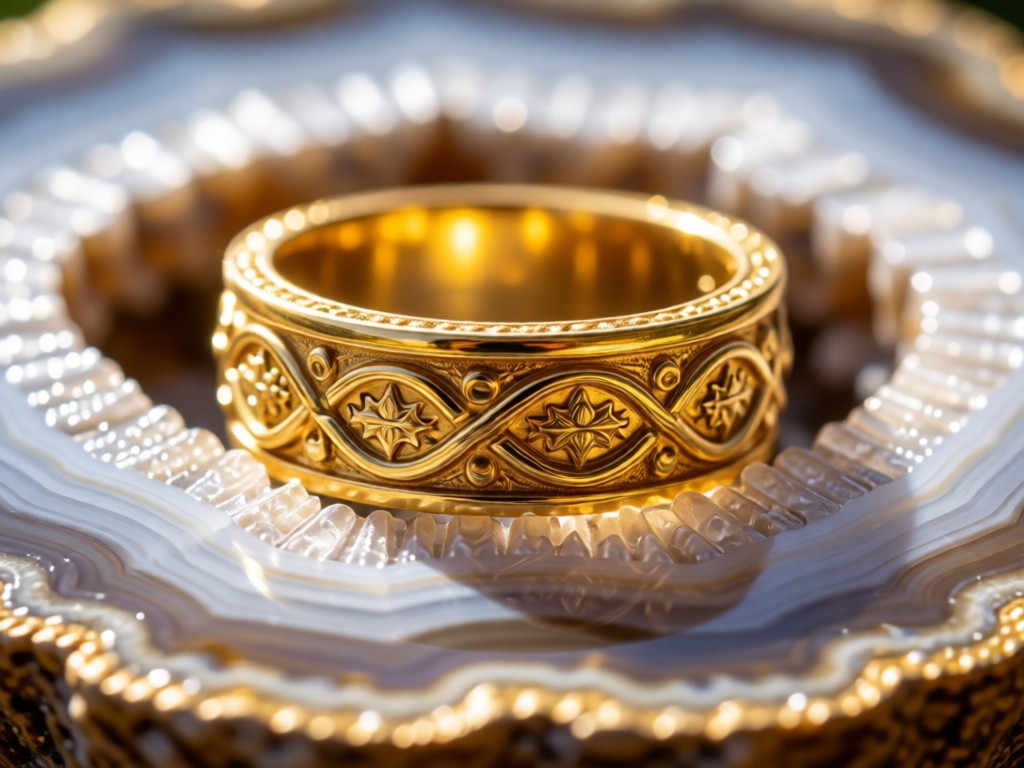 Macro shot of an intricate gold ring on a crystal geode. Sunlight highlights engraving details and mineral textures. Shallow depth of field. No people.