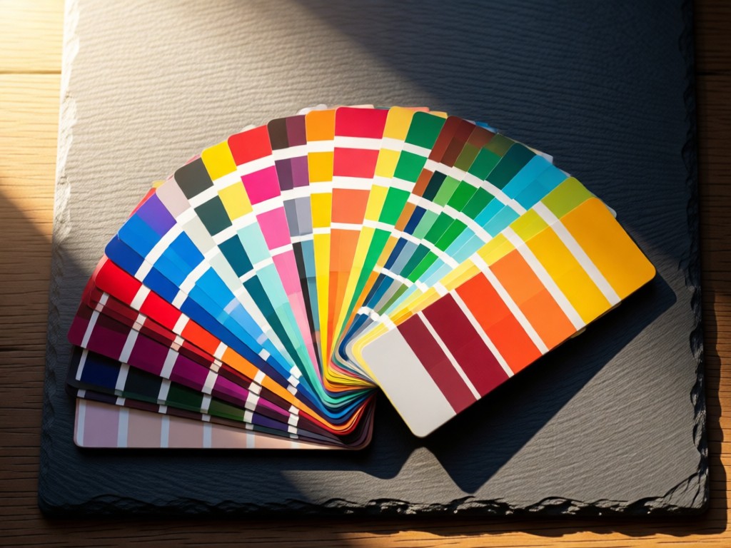 Aerial view of color calibration cards fanned out on a slate surface. Morning light creates soft shadows. Vibrant but natural colors. No people.