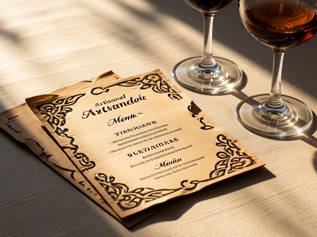 Artisanal menu card beside wine glasses. Soft shadows from afternoon sun create texture. No people.