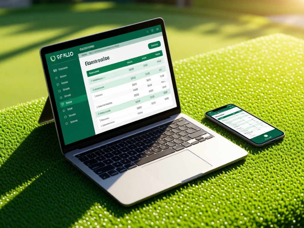 An open laptop and smartphone on a putting-green-textured surface. Both display a clean golf portfolio with leaderboard graphics. Sunlight highlights the digital screens. No people.