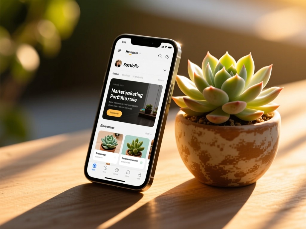 A modern smartphone displaying a marketing portfolio beside a thriving succulent plant. Golden hour light creates long shadows.