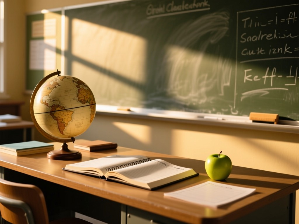 A neatly organized teacher's desk with a vintage globe, open gradebook, and apple against chalkboard background. Golden hour light creates long shadows. Symbolizes clarity and professionalism. No people.
