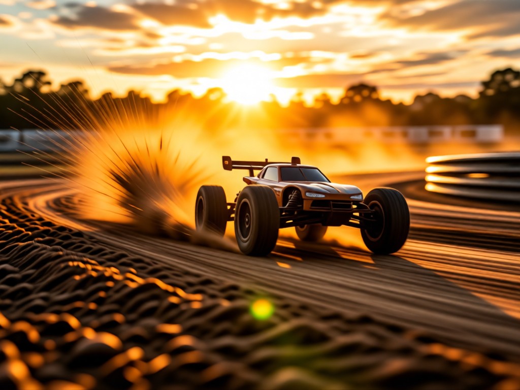 Low-angle shot of an RC car kicking up dust on a dirt track at sunset. Golden backlight creates dynamic motion trails. No people.