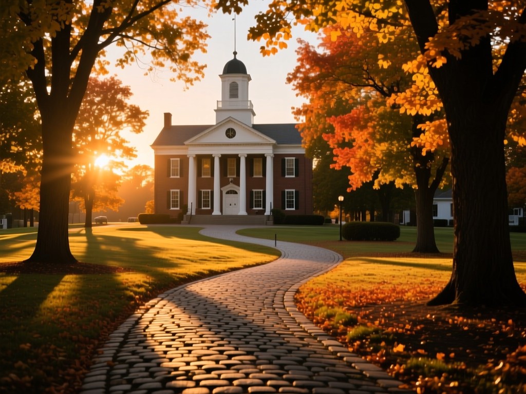 A winding cobblestone path through autumn trees at sunset, leading to a classic town hall building, golden hour lighting casting long shadows, symbolic of civic engagement, no human figures.