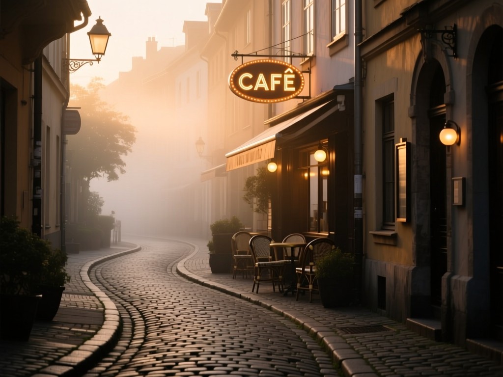 A winding cobblestone alley at sunrise, glowing café sign visible in the distance, soft mist rising, warm light filtering through buildings, shallow depth of field, inviting atmosphere.