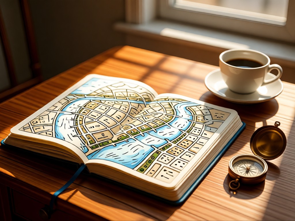 Open notebook with hand-sketched Seine river map and compass. Coffee cup on wooden table. Sunlight streaming through window. No people.