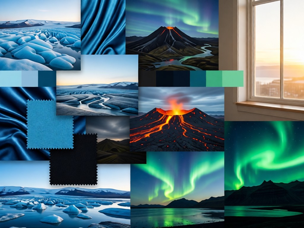 A design mood board featuring glacial blues, volcanic blacks and aurora greens. Fabric swatches overlap with photos of Icelandic landscapes. Morning light from a nearby window. No people.