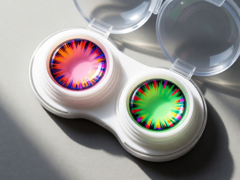 Overhead shot of open contact lens cases revealing vibrant colored lenses. Natural light enhances color saturation against muted grey background. Focus on product texture and hues. No people.