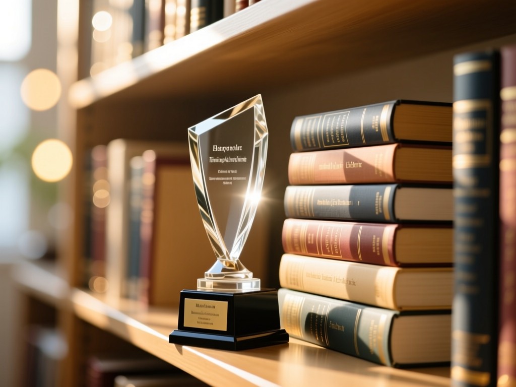 An elegant glass award trophy beside a neatly stacked pile of academic books on a sunlit shelf. Soft focus background with warm bokeh lights. Clean and professional. No people.