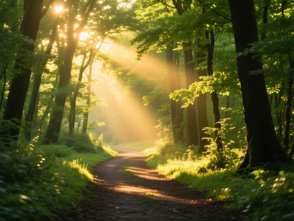A sun-dappled forest path during golden hour with soft light breaking through trees, symbolic of discovery and healing journey, vibrant greens, no people present, natural color palette.