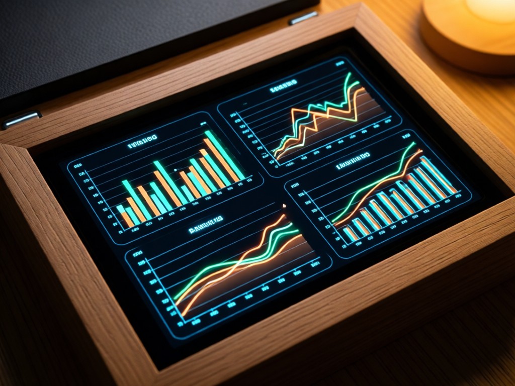 Close-up of glowing data visualization charts on a dark screen surrounded by matte-finish sustainable materials. Warm backlighting creates contrast with crisp data lines.