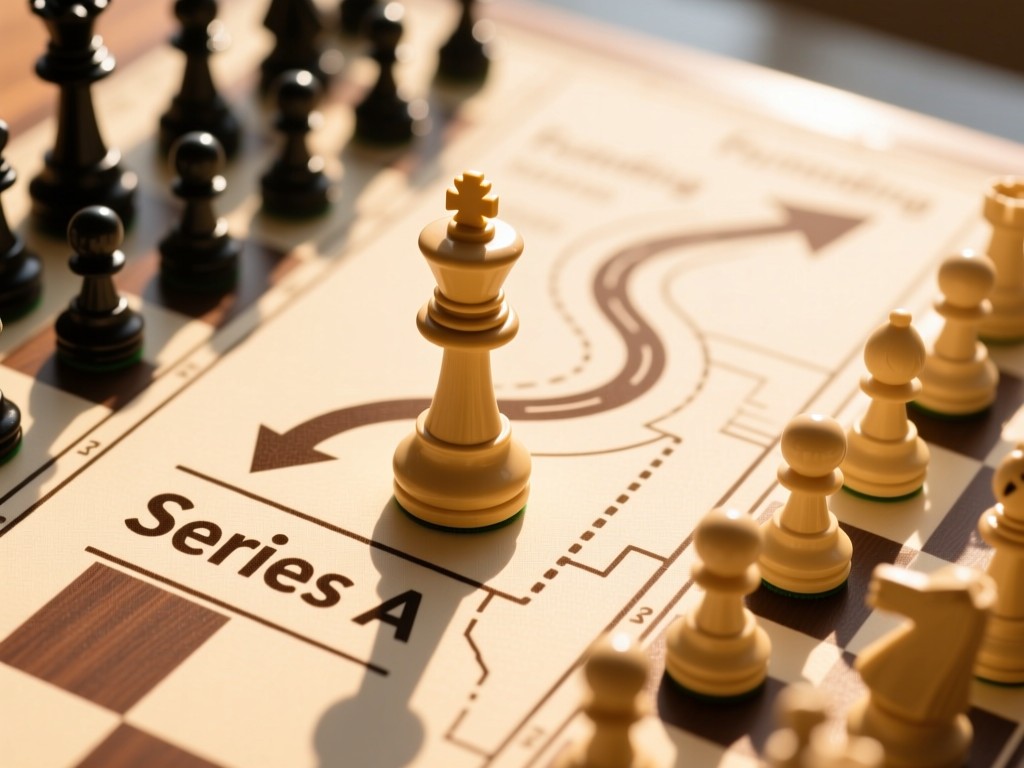 Aerial view of chess pieces on a funding roadmap mat. The king piece advances toward 'Series A' under warm sunlight. Symbolizes strategic growth. Clean composition. No people.