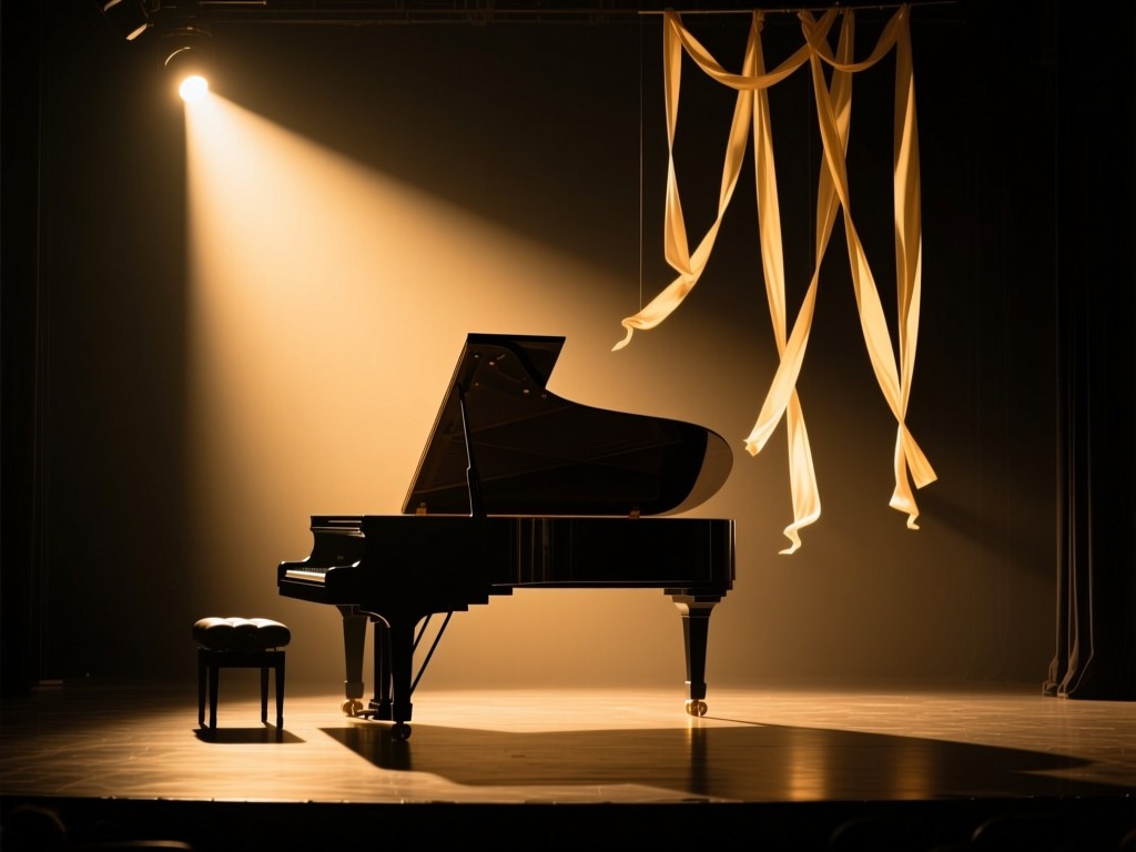 A single spotlight illuminating a stage with a grand piano silhouette and suspended dance ribbons, golden hour glow, dramatic shadows, minimalist composition, no performers present.