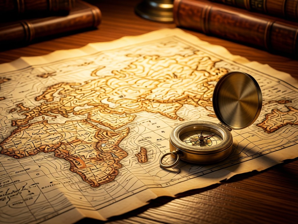 A vintage-style map unfurled on a desk with a brass compass beside it. Warm light highlights topographic details. Focus on navigation tools. No people.