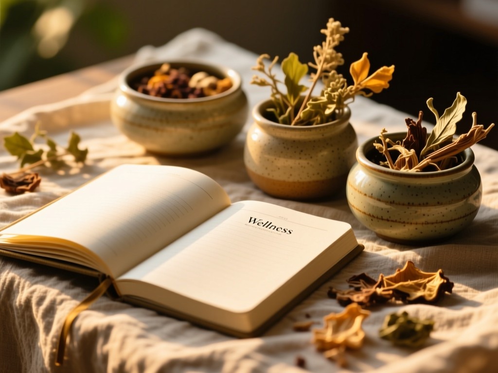 An open wellness journal beside ceramic containers of dried botanicals on a linen cloth, golden hour lighting highlighting textures, peaceful workspace ambiance, no visible text or people.