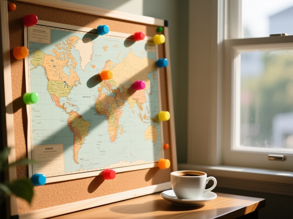 A vintage-style map pinned with colorful markers on a corkboard. Sunlight streams through nearby windows, casting soft shadows. Coffee cup sits nearby. No people.