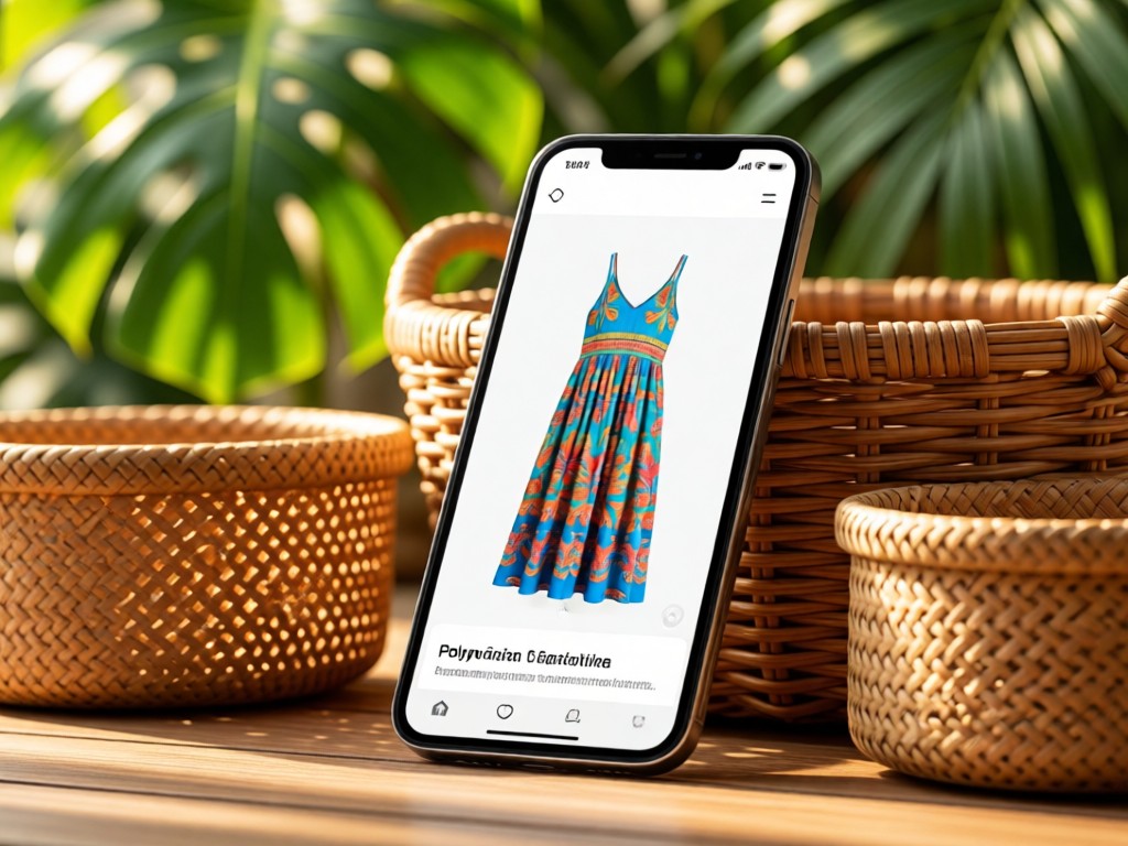 Smartphone displaying a clean product page for a Polynesian dress, propped against woven baskets. Soft focus on tropical leaves in background. Warm, inviting light. No people.