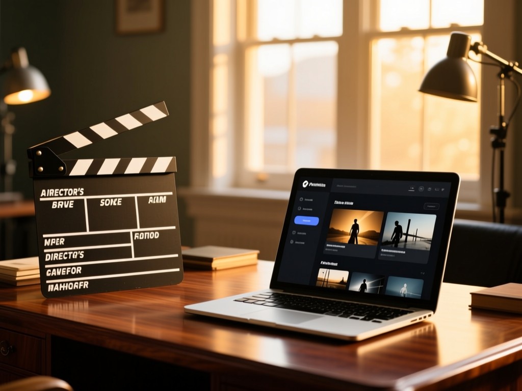 A director's clapperboard on a mahogany desk during golden hour, with a laptop showing a sleek film portfolio interface, warm sunlight filtering through studio windows, shallow depth of field, no people.