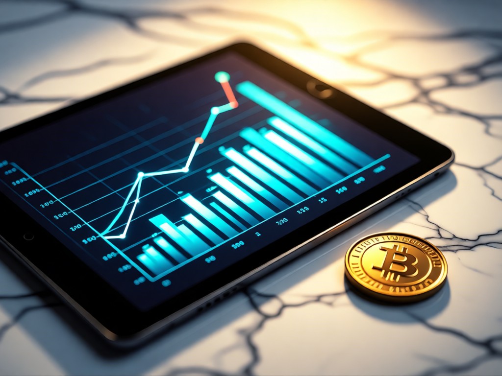 Close-up of a tablet showing a glowing revenue chart beside a golden coin. Soft focus on a marble background with warm sunlight. Clean and aspirational. No people.
