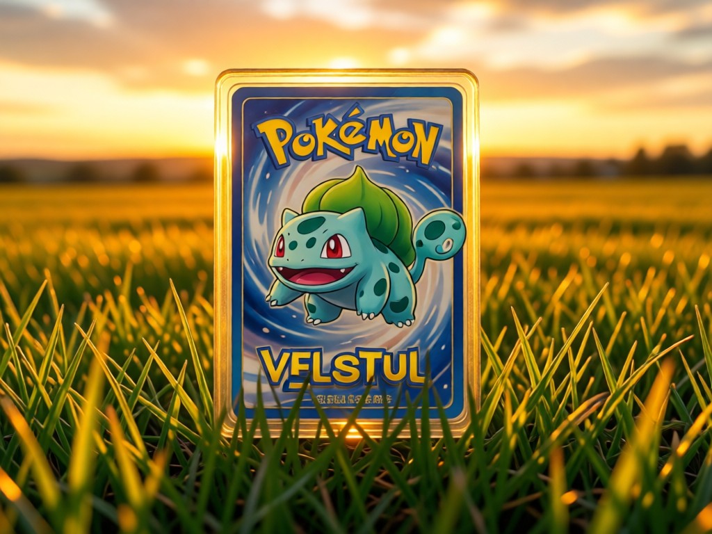 A single pristine Pokemon card (Venusaur) standing upright in fresh meadow grass at sunset. Golden light emphasizes the card's edges. Vast field in background. No people.