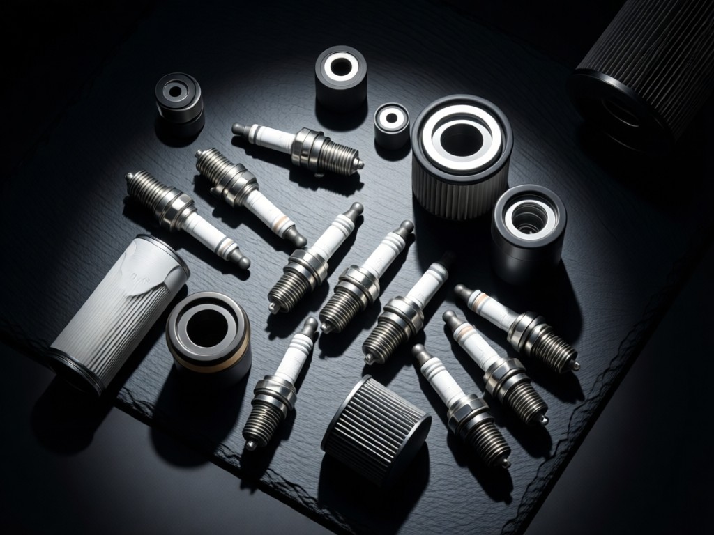 Artistic arrangement of new spark plugs and filters on a dark slate surface. Overhead spotlighting creates dramatic shadows.